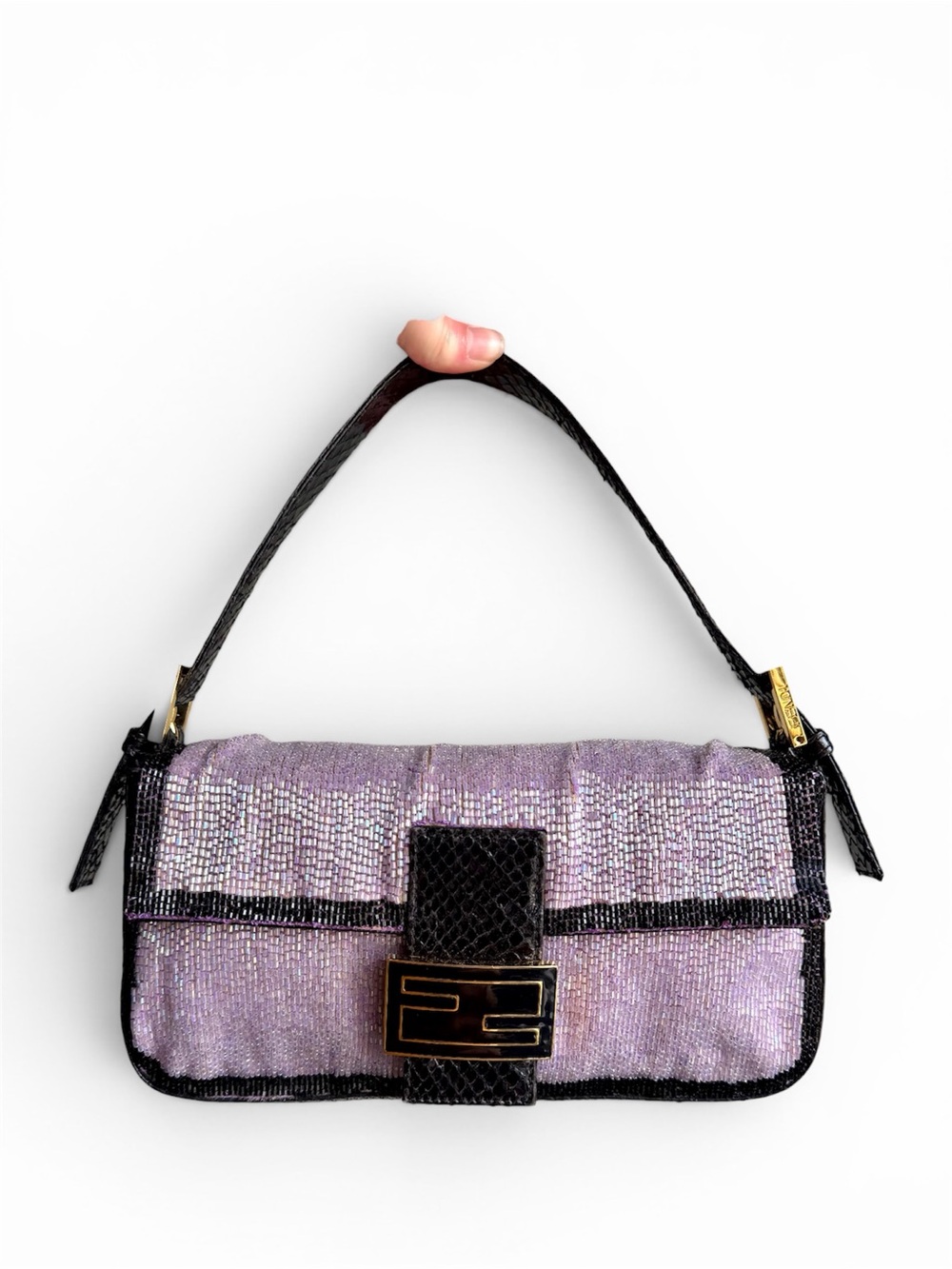 Vintage Fendi Iridescent Lilac Beaded Python Baguette